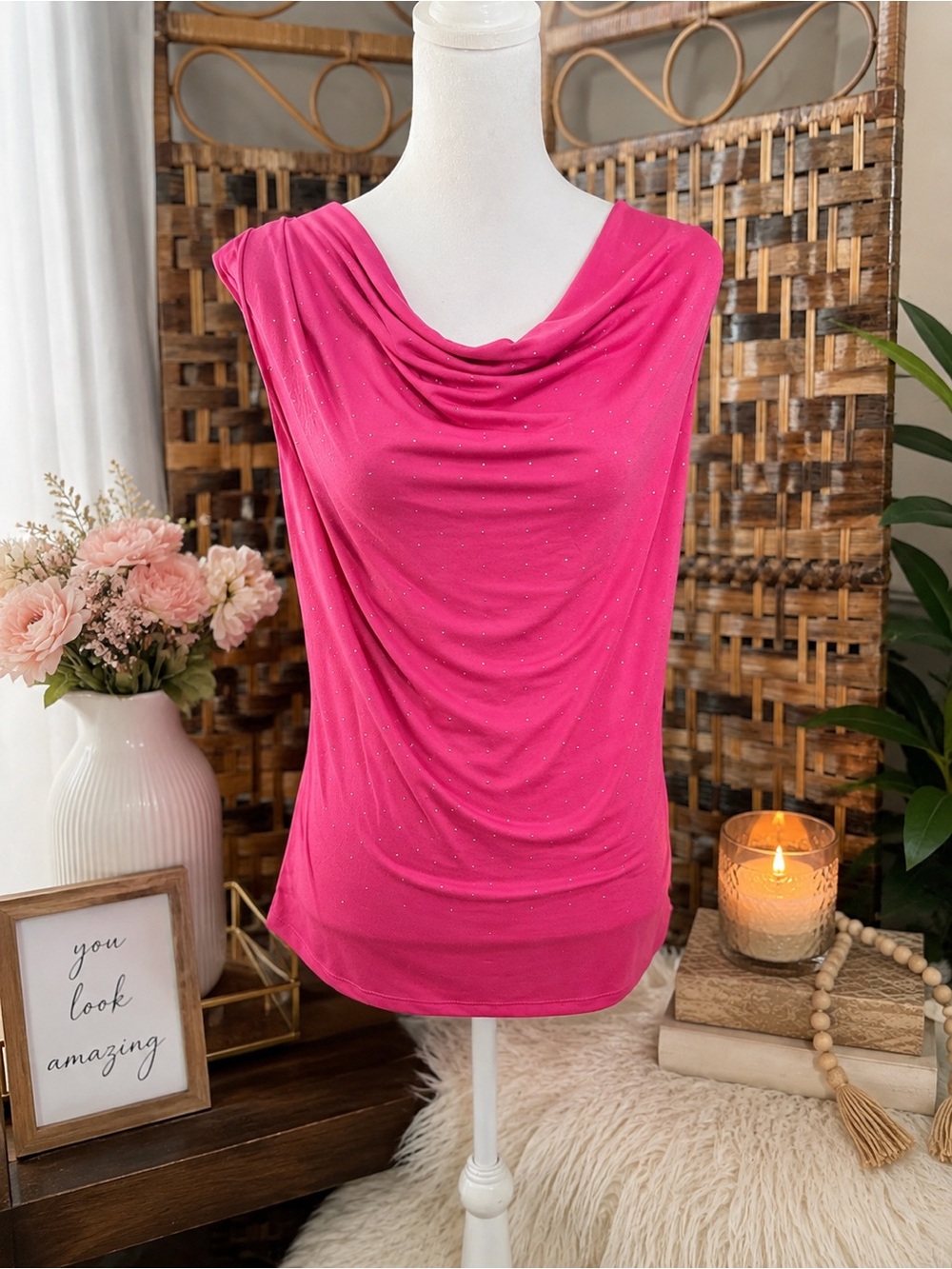 dressbarn Hot Pink Sleeveless Cowl Neck Top - Picture 2 of 6